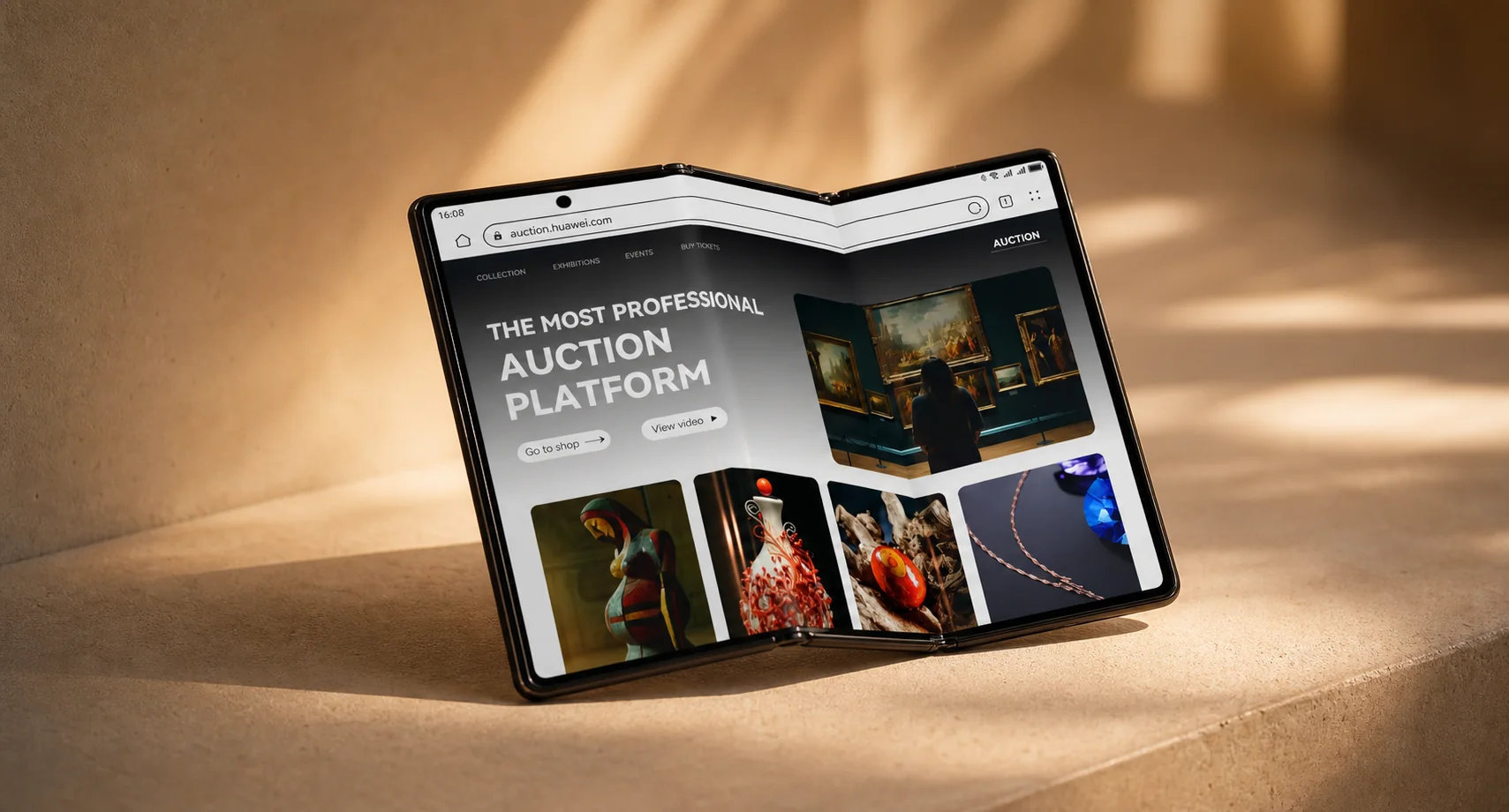 Editorial luxury image of the foldable phone staged alone in golden light.