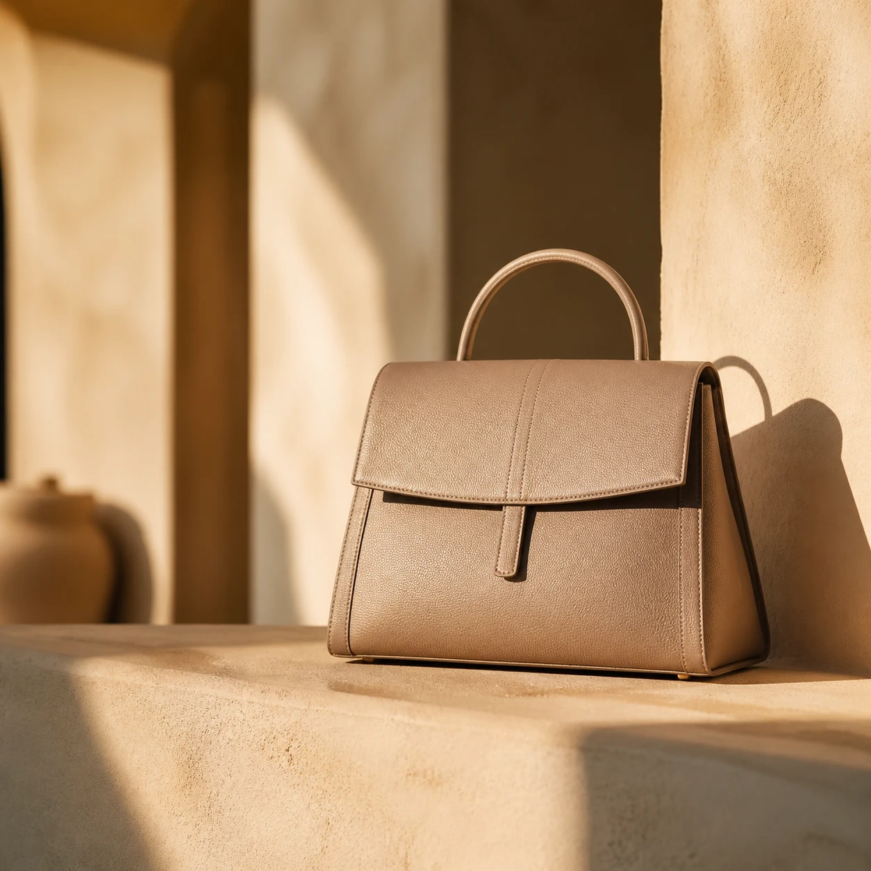 Structured leather handbag sitting off-centre on a warm plaster ledge in golden-hour sunlight