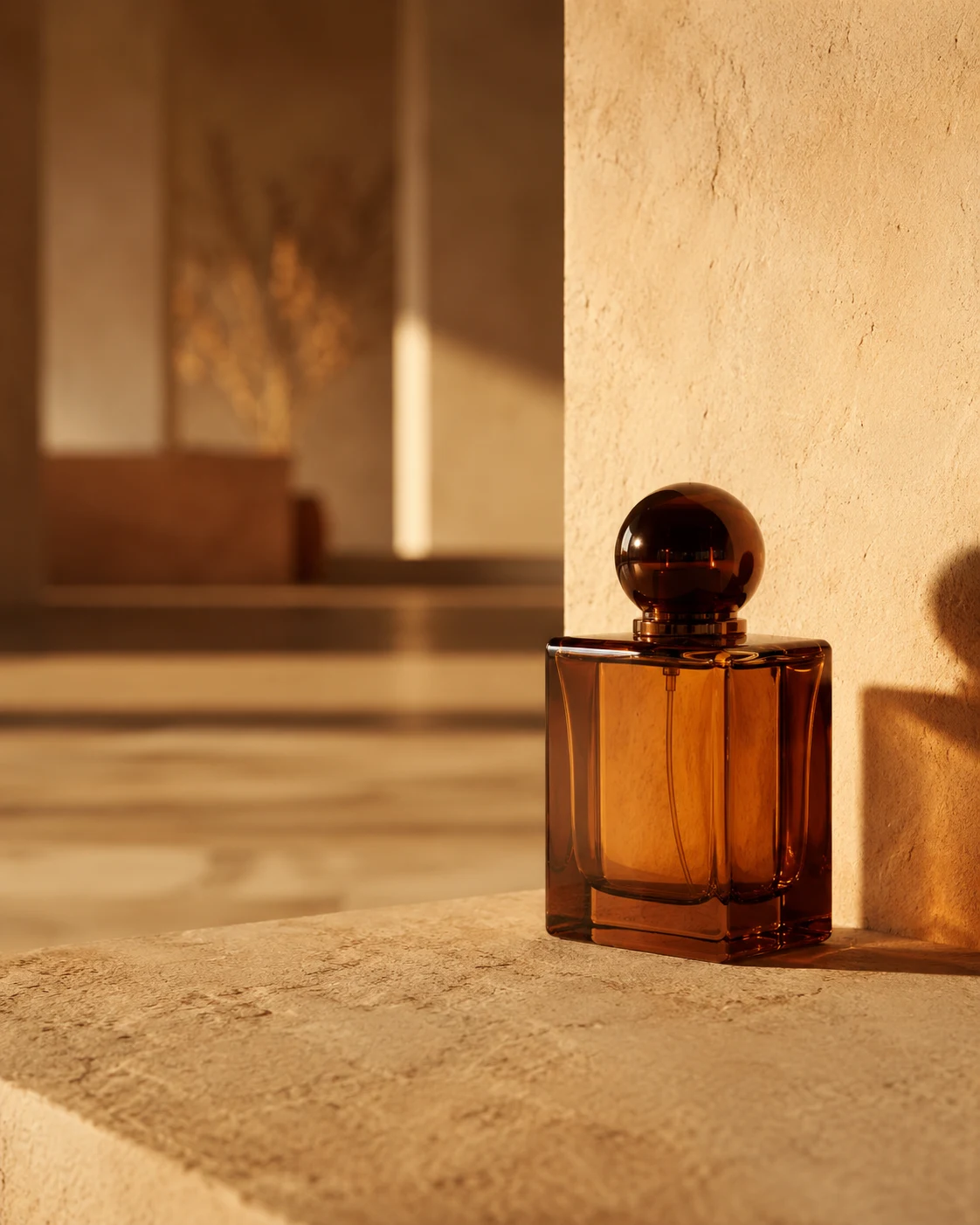 Perfume bottle in warm directional light, editorial still