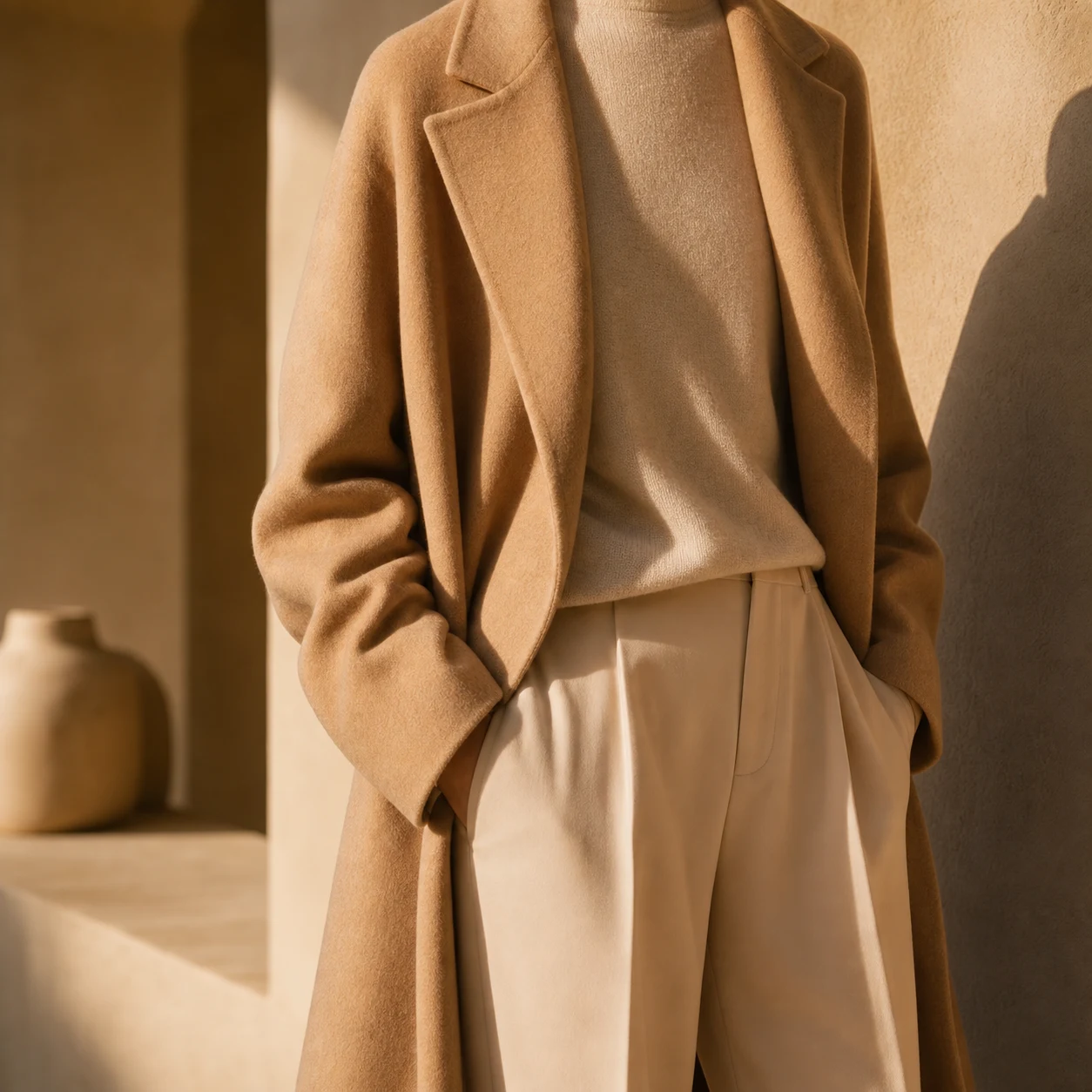 Faceless model wearing a tailored camel wool coat against a warm plaster wall in golden-hour light