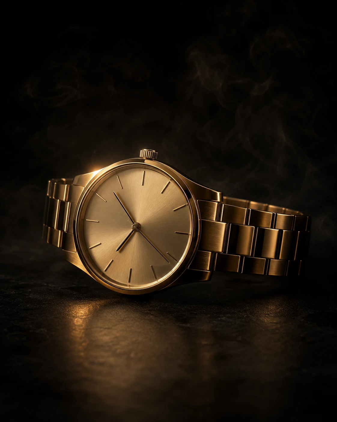 Minimalist gold wristwatch on a matte black surface with warm rim light, smoke, and deep shadows
